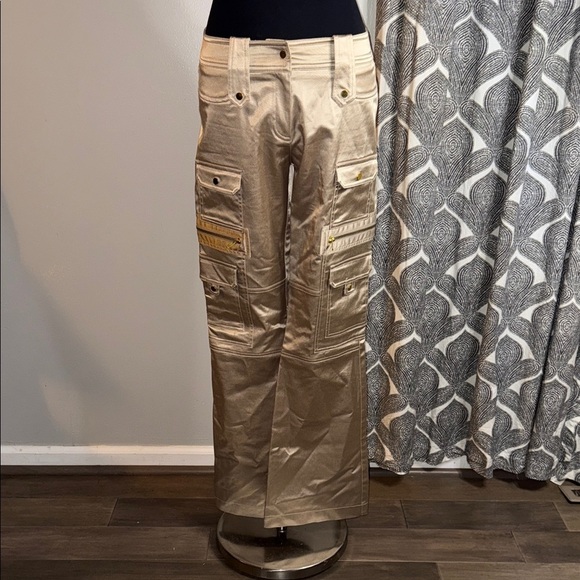 Cache Vintage Y2K Deadstock Champagne Metallic Satin Low Rise Cargo Flares SZ 6 - Picture 2 of 10